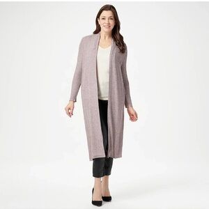 Lisa Rinna Collection Open Front Duster Cardigan Pink Gray Knit Pockets Size LP
